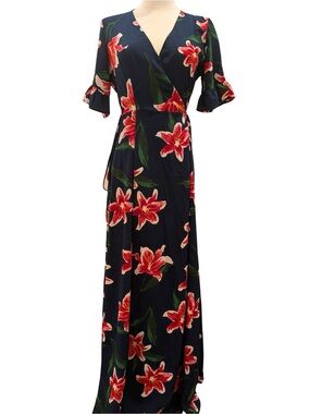 Lulu's Navy Maxi Wrap Dress with Red Floral Print